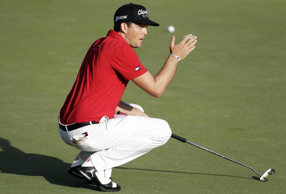 Keegan Bradley reacts after his birdie putt attempt on the 18th hole rolled wide of the cup during the final round of the Arnold Palmer Invitational golf tournament at Bay Hill, Sunday, March 23, 2014, in Orlando, Fla. (AP Photo/Chris O'Meara)