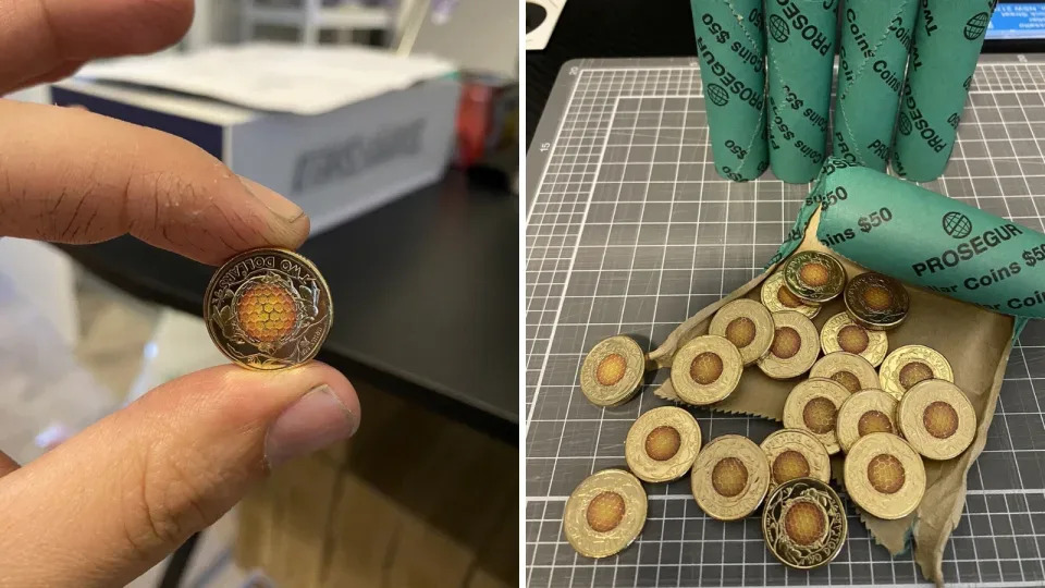 The 2022 Honeybee $2 coin being held up, and a roll of them being opened.