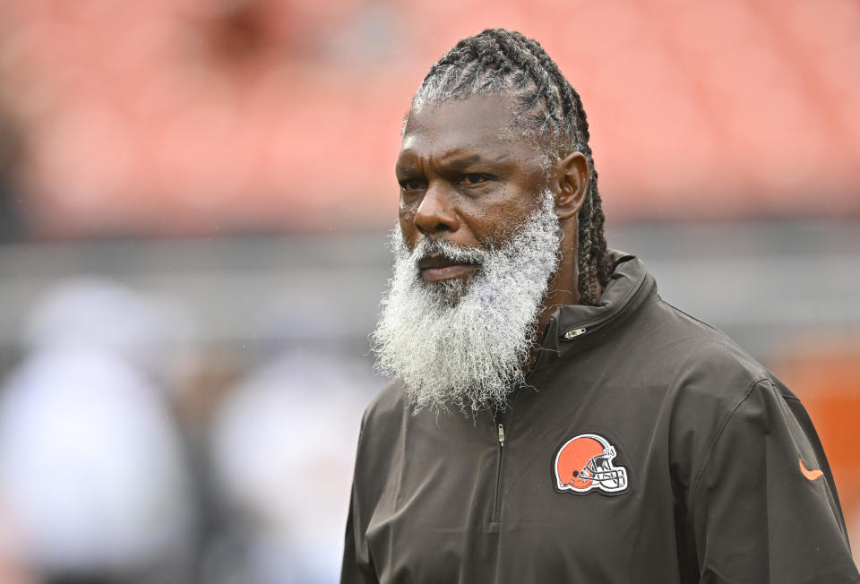 FILE - Cleveland Browns running backs coach Stump Mitchell walks on the field before an NFL football game against the Cincinnati Bengals, Sunday, Sept. 10, 2023, in Cleveland. Following the Browns' quick playoff exit, coach Kevin Stefanski shook up his offensive staff on Tuesday, Jan. 16, 2024, by firing running backs coach Stump Mitchell and parting ways with tight ends coach T.C. McCartney, a person familiar with the decisions told The Associated Press.(AP Photo/David Richard)