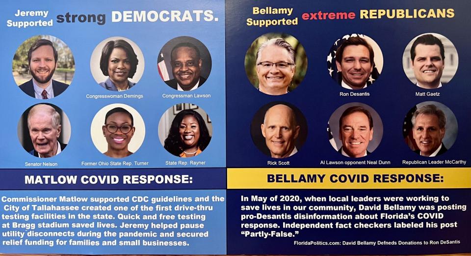 A mailer from City Commissioner Jeremy Matlow's campaign attacking David Bellamy, his opponent in the Seat 3 race.