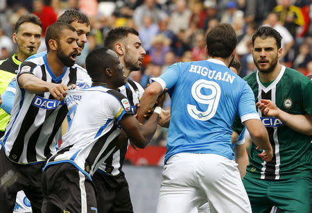 Football Soccer - Udinese v Napoli - Italian Serie A - Friuli stadium, Udine, Italy - 3/4/16 Napoli's Gonzalo Higuain reacts after receiving red card. REUTERS/Stefano Rellandini