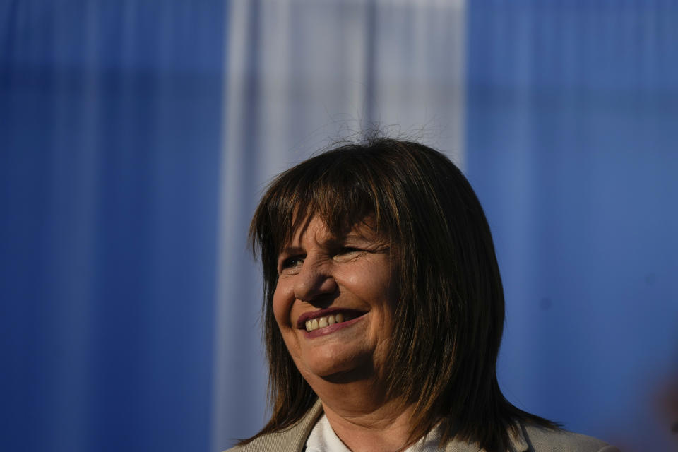 "Juntos por el Cambio" presidential candidate Patricia Bullrich smiles during a campaign rally in Buenos Aires, Argentina Oct. 16, 2023. General elections are set for Oct. 22. (AP Photo/Natacha Pisarenko)