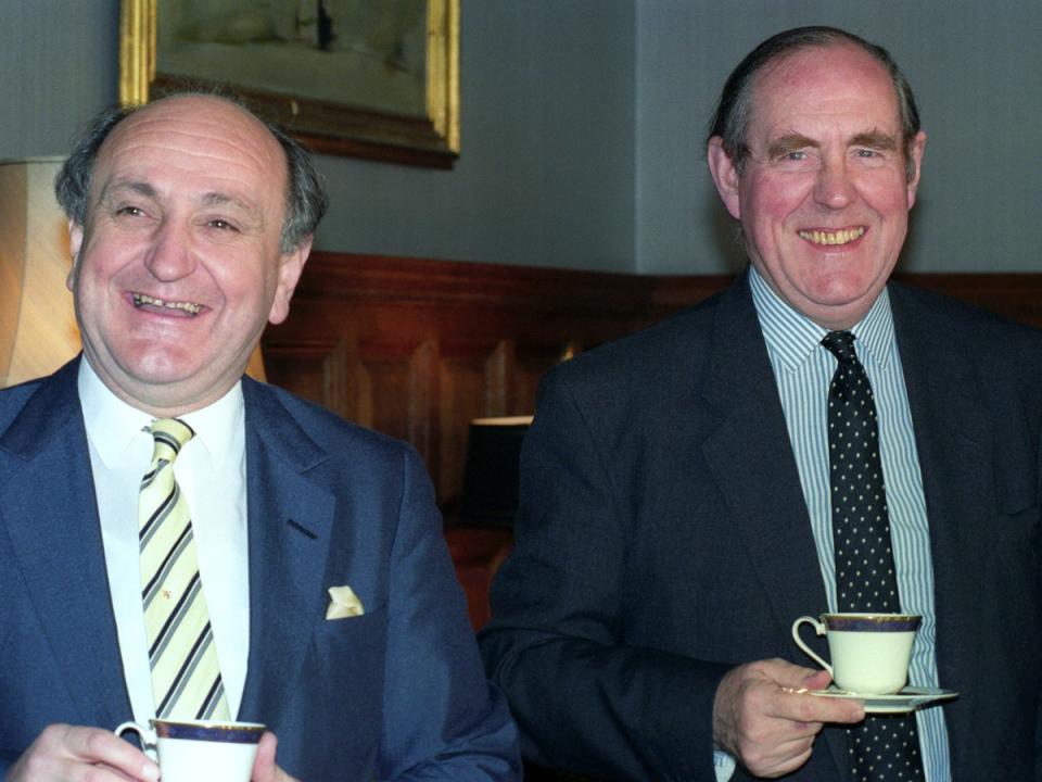 Former Irish foreign minister Gerry Collins (left) with Brooke at the Northern Ireland Office in Whitehall in 2015 (PA)