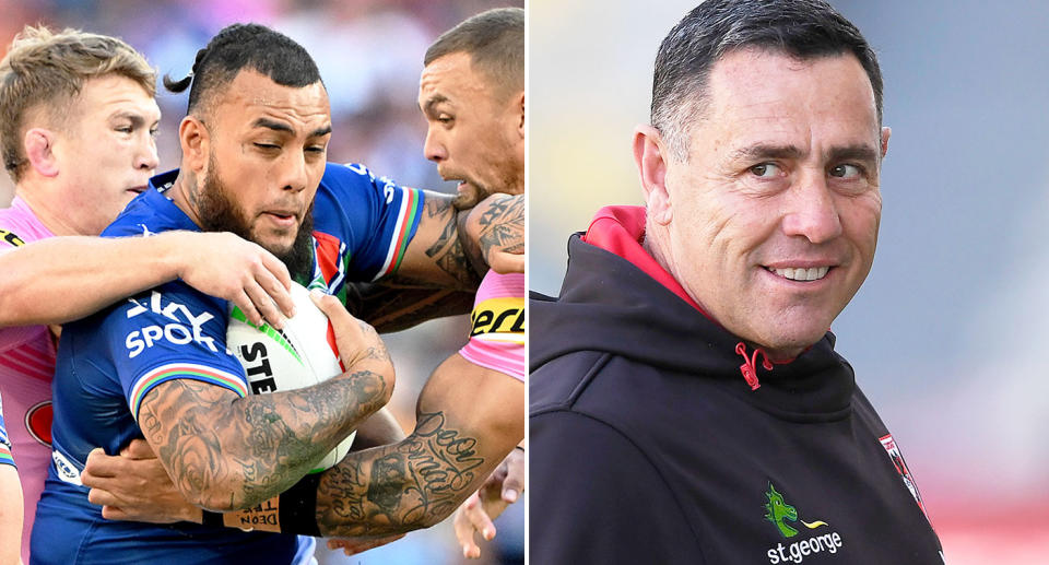 On the right is new Dragons coach Shane Flanagan and NRL star Addin Fonua-Blake on left.