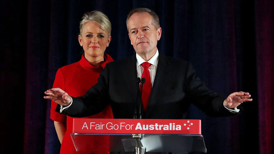 Opposition leader Bill Shorten concedes defeat next to his wife Chloe. Source: AAP