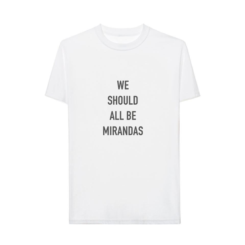 We Should All Be Mirandas T-shirt, $32. (Photo: <a href="https://www.mirandasolidarity.com/shop-1/pre-order-we-should-all-be-mirandas-tee" rel="nofollow noopener" target="_blank" data-ylk="slk:Mirandasociety.com;elm:context_link;itc:0;sec:content-canvas" class="link ">Mirandasociety.com</a>)