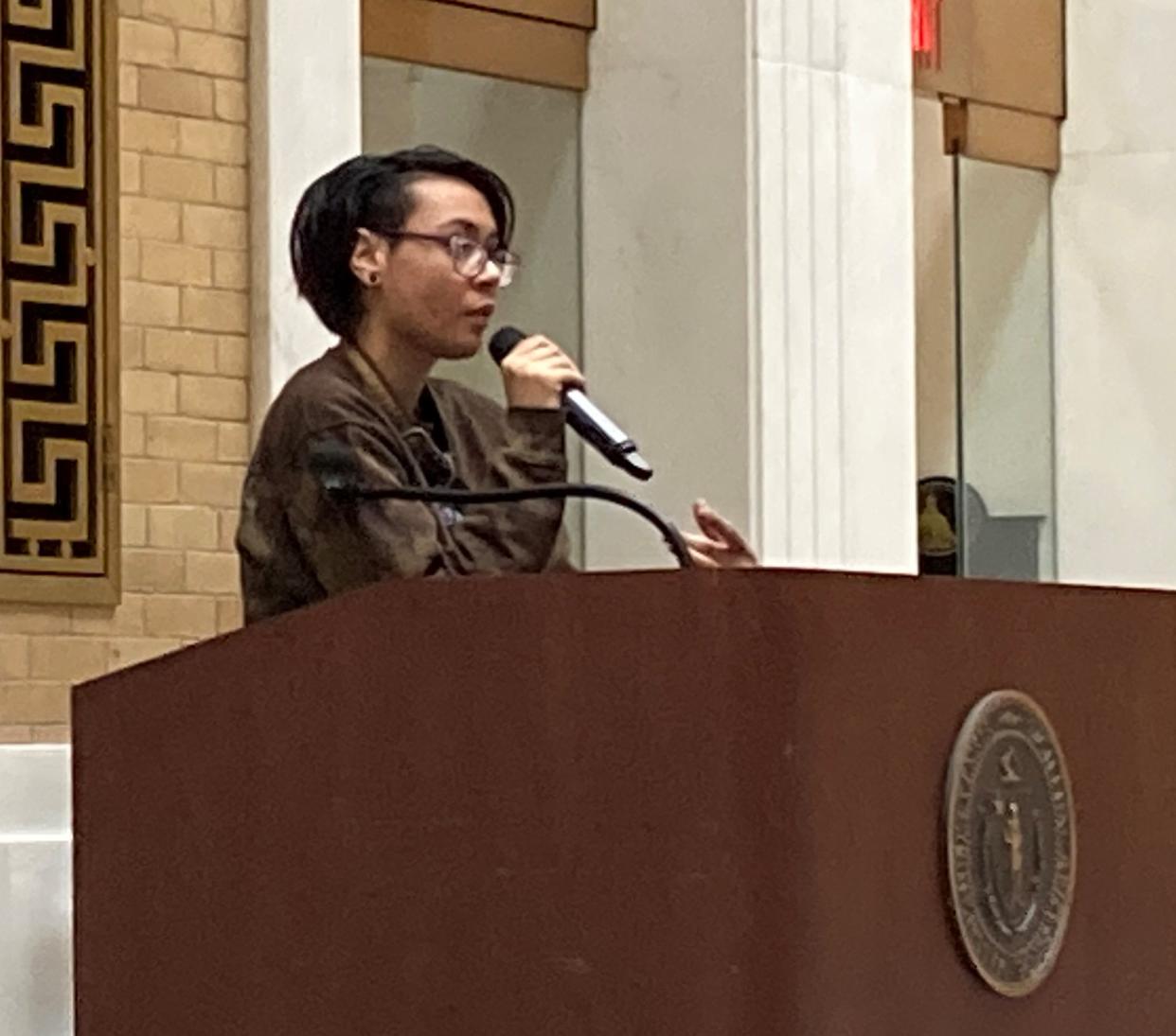 Jack Diaz, a senior at Northwestern University and chronically homeless since 19, discussed the challenges of exiting the cycle that keeps people trapped in homelessness at the Massachusetts Coalition for the Homeless legislative action day Thursday.