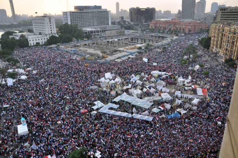 Opponents of Egypt's President Mohamed Morsi protest outside of the presidential palace in Cairo, Egypt, on July 1, 2013. Egypt's powerful armed forces gave Islamist President Morsi a virtual ultimatum on Monday to share power, urging the nation's feuding politicians to agree on an inclusive roadmap for the country's future within 48 hours. File Photo by Ahmed Jomaa/UPI