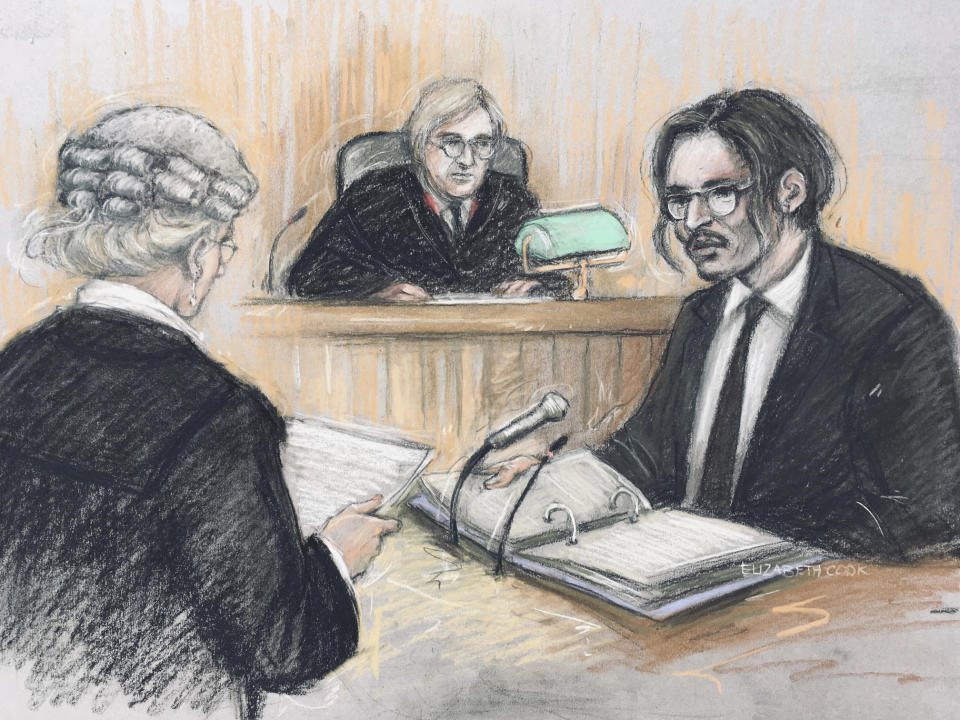 Court artist sketch by Elizabeth Cook, showing actor Johnny Depp, right, being cross-examined by Sasha Wass QC, left, before the judge, Justice Nicol, at the High Court in London, Tuesday July 7, 2020.   The libel case by Depp against a British tabloid newspaper started Tuesday over a 2018 article that branded him violent and abusive to then-wife Amber Heard. Depp strongly denies the claim. (Elizabeth Cook/PA via AP)