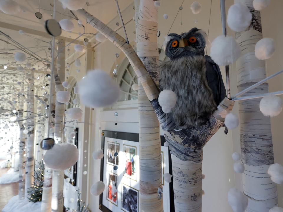 Decorations in the halls of the White House show wildlife during the winter's first snowfall.