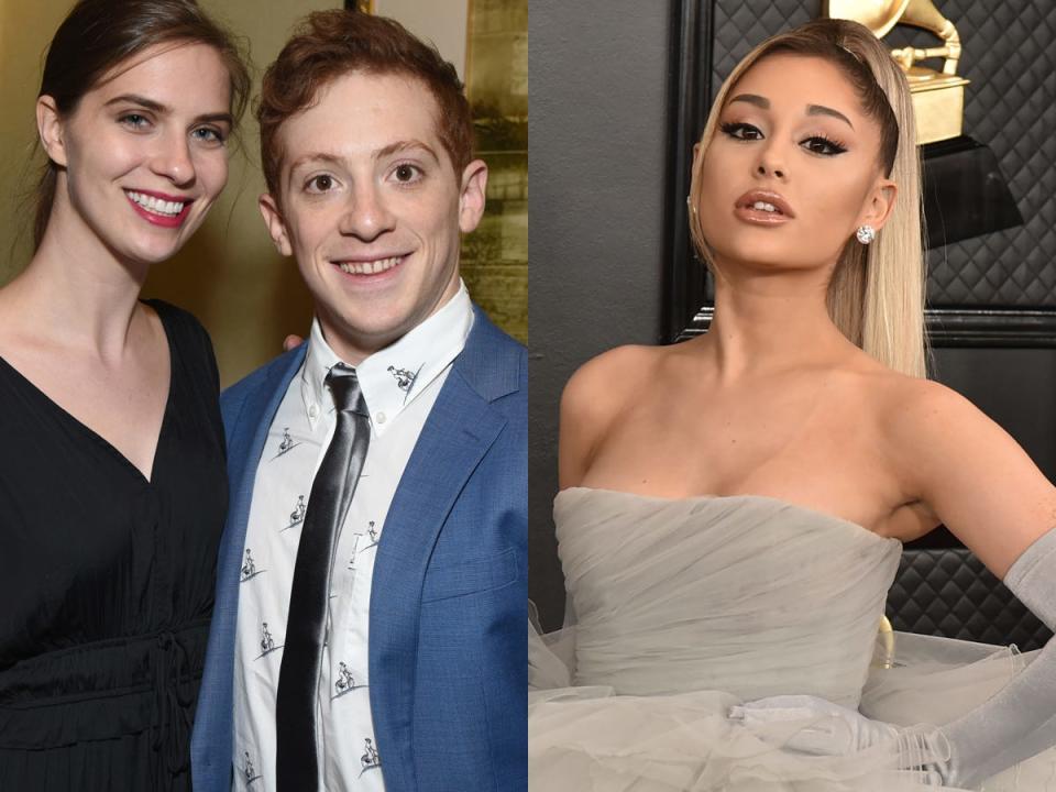 A side-by-side image of Lilly Jay and Ethan Slater at a 2018 event, and Ariana Grande in 2020.
