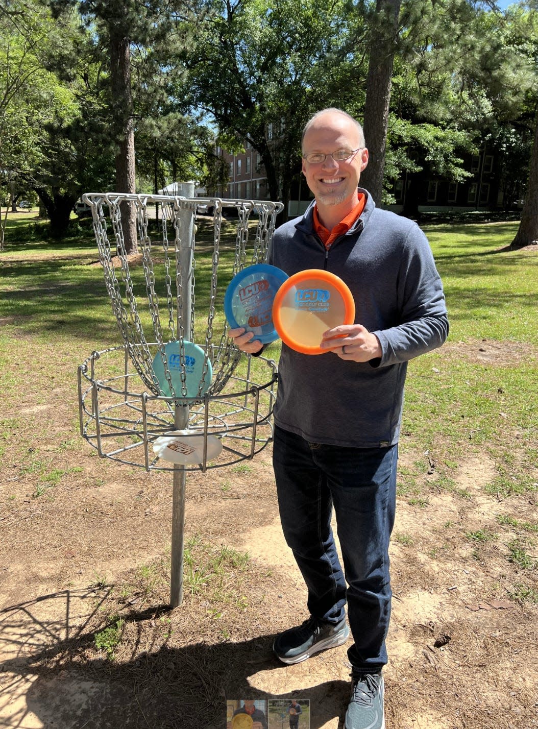 Justin Langford, dean of the School of Ministry and Performing Arts, started playing disc golf when a student introduced him to it.