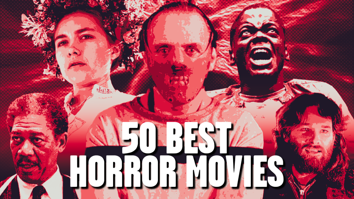  CinemaBlend's Best horror movies list logo, with characters from Seven, Midsommar, The Silence of the Lambs, Get Out and The Thing. 