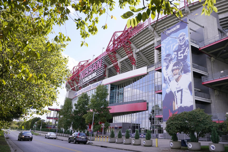 Nissan Stadium, home of the Tennessee Titans, is shown Tuesday, Sept. 29, 2020, in Nashville, Tenn. The Titans suspended in-person activities through Friday after the NFL says three Titans players and five personnel tested positive for the coronavirus, becoming the first COVID-19 outbreak of the NFL season in Week 4. (AP Photo/Mark Humphrey)