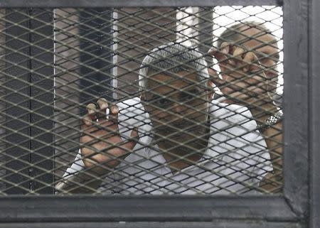 Mohamed Fahmy stands behind bars as he waits to listen the ruling at a court in Cairo June 23, 2014. REUTERS/Asmaa Waguih