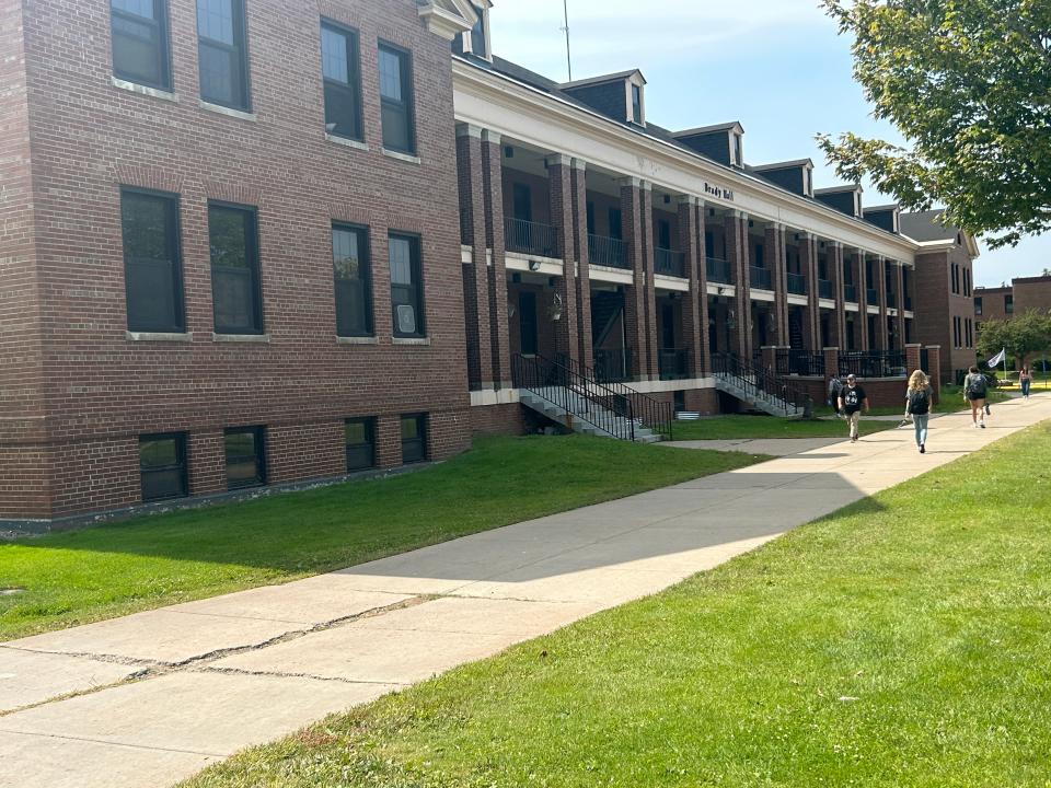 Students walk to class on the first day of the semester for LSSU on Monday, Aug. 28, 2023.