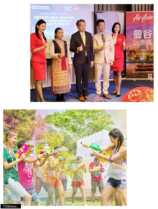 圖上：泰國觀光局台北辦事處丁蓉采處長（左二）、泰國貿易經濟辦事處代表曾德榮（圖中）、泰國亞洲航空公部門關係部執行長Krid Pattanasan（右二）共推泰國旅遊。（記者蘇春瑛攝）<br /><br />圖下：泰國潑水節是重要節慶將吸引各國遊客體驗潑水樂趣。（圖：泰國觀光局提供）