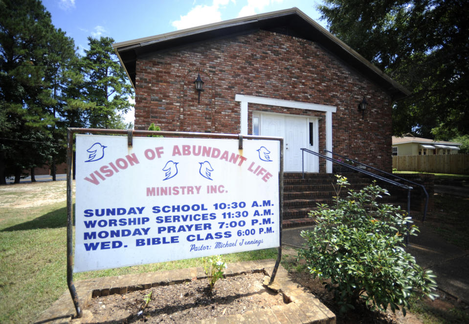 A small church pastored by Michael Jennings is shown in Sylacauga, Ala., on Monday, Aug. 29, 2022. Jennings was arrested while watering flowers at a neighbor's home in nearby Childersburg in May, and his attorney now plans a lawsuit over the incident. (AP Photo/Jay Reeves)