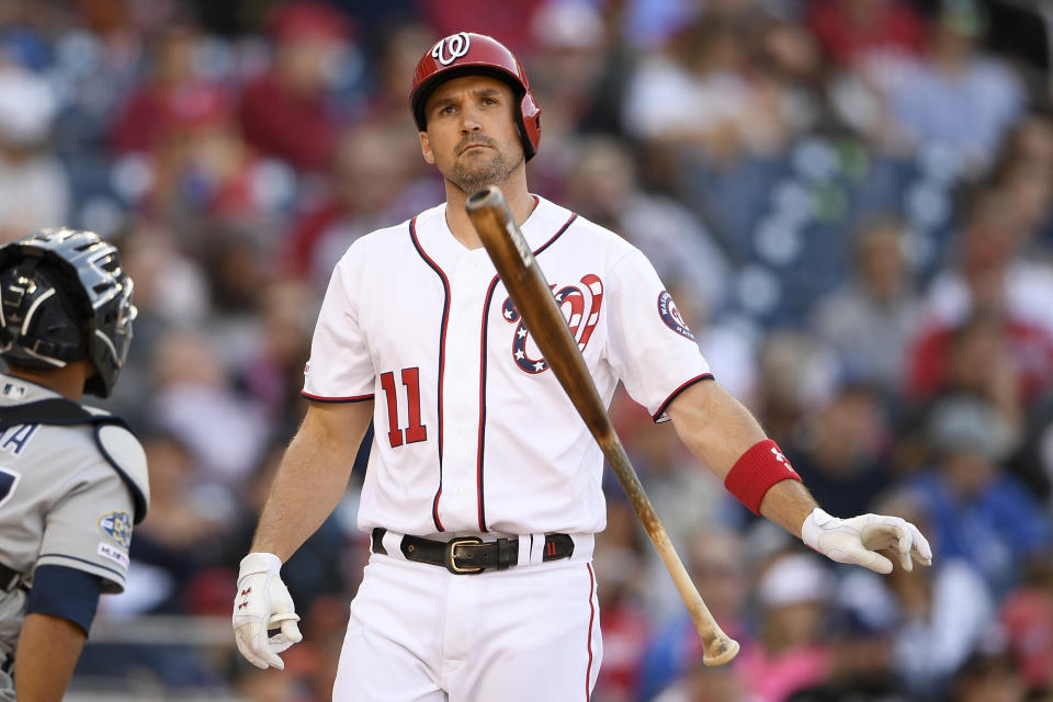 FILE - In this April 27, 2019, file photo, Washington Nationals' Ryan Zimmerman throws his bat after he struck out swinging during the sixth inning of a baseball game against the San Diego Padres in Washington. In the ninth installment of a diary of sorts while waiting for baseball to return, Zimmerman discusses why he thinks his sport got put in an unlucky position. (AP Photo/Nick Wass, File)