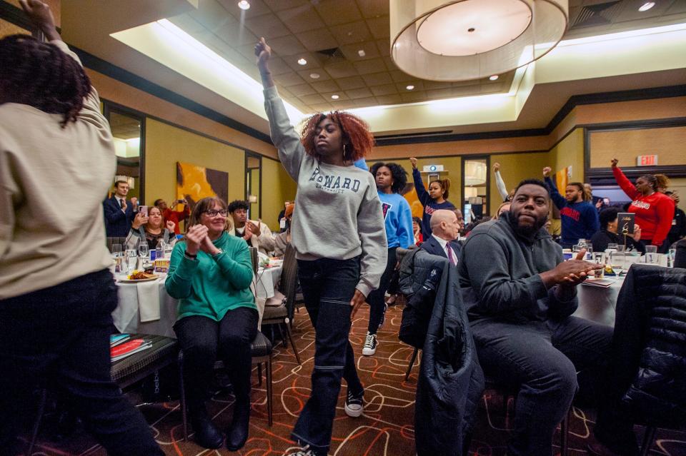 The Howard University Step Team performs during the Greater Framingham Community Church's 37th annual Dr. Martin Luther King Jr. Day Celebration at the Verve Hotel Tapestry in Natick, Jan. 15, 2024.
