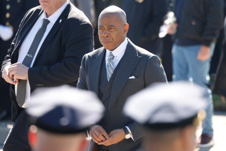 Mayor Eric Adams attending Diller’s funeral, where he praised the young officer. Getty Images