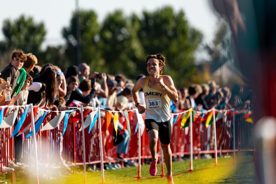 Emery High School’s Camdon Larsen sprints to the finish line to take first place in the 3A boys state high school cross-country championships at the Regional Athletic Complex in Salt Lake City on Tuesday, Oct. 24, 2023. | Megan Nielsen, Deseret News