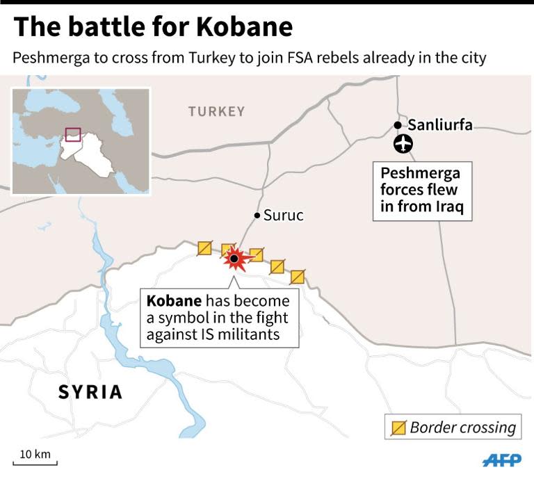 Map of Kobane and the border region locating Kobane and Sanliurfa in Turkey