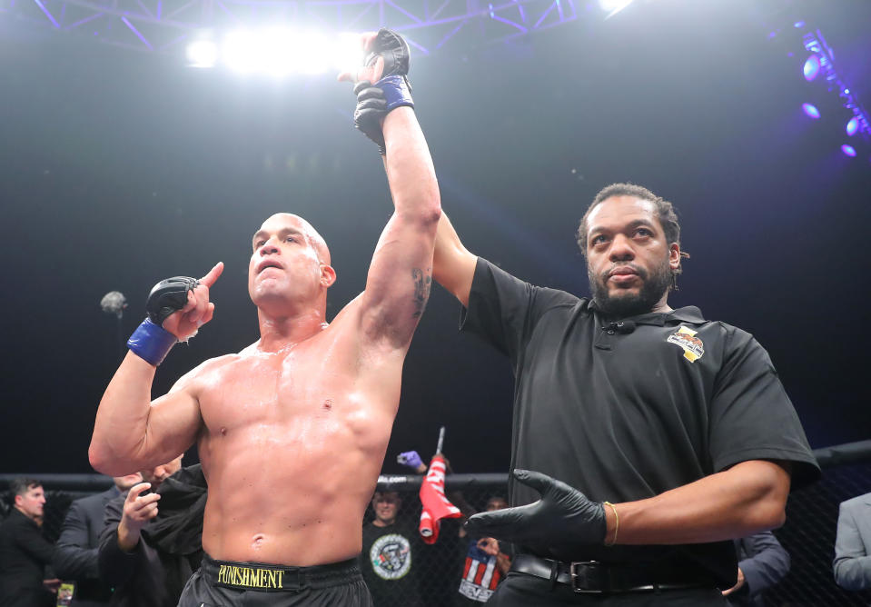 INGLEWOOD, CA - NOVEMBER 24: Tito Ortiz (L) reacts after winning against Chuck Liddell during Chuck Liddell v Tito Ortiz 3 at The Forum on November 24, 2018 in Inglewood, California. (Photo by Tom Hogan/Golden Boy/Getty Images)