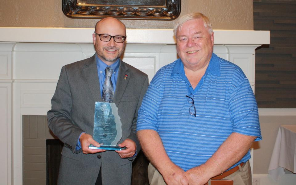 Eric Taggart, left, was awarded the 2023 Rotarian of the Year Award during the Alliance Rotary Club’s annual installation dinner Wednesday, June 28, 2023, at the Alliance Country Club. Presenting the award was Mark Locke, the 2022 Rotarian of the Year who recently retired after 21 years as president and CEO of the Alliance Area Chamber of Commerce.