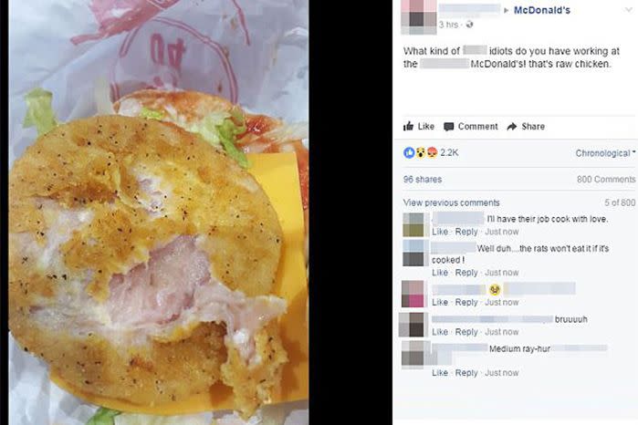 The uncooked burger was shared on McDonald's Facebook page. Source: Facebook