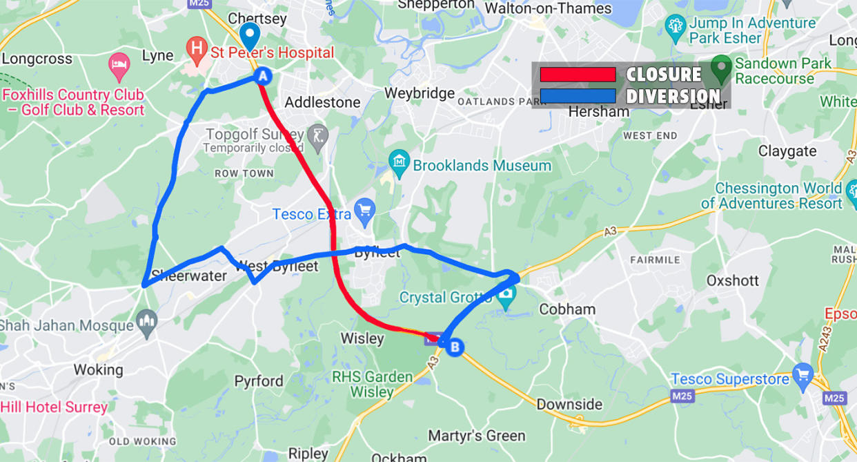 The five-mile stretch of the M25 will be closed from 9pm on Friday 15 March until 6am on Monday 18 March. (Yahoo News/Google)