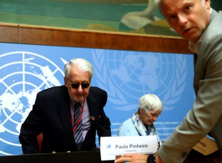 Pinheiro Chairperson of the Commission of Inquiry on Syria attends a news conference during the Human Rights Council in Geneva