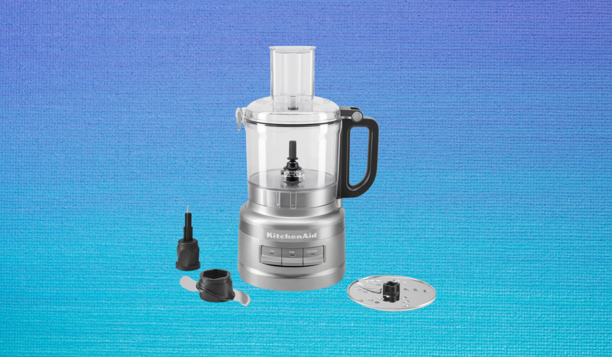 7-cup food processor with 3 attachments shown off to the side. 