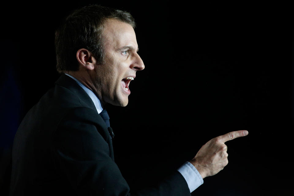 <p>French independent centrist presidential candidate Emmanuel Macron addresses his supporters during an election campaign rally in Arras, northern France, Wednesday, April 26, 2017. Battling for France’s blue-collar vote and employing all of her political guile, far-right presidential candidate Marine Le Pen upstaged her centrist rival Macron by making a surprise campaign stop Wednesday to a home appliance factory threatened with closure. (AP Photo/Thibault Camus) </p>