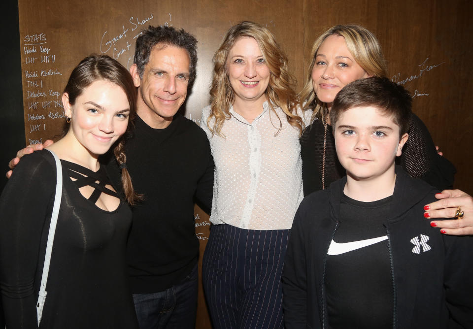 NEW YORK, NY - MAY 05:  (EXCLUSIVE COVERAGE) (L-R) Ella Stiller, Ben Stiller, Performer/Playwright Heidi Schreck, Christine Taylor and Quinlin Stiller pose backstage at the hit play "What the Constitution Means to Me" on Broadway at The Helen Hayes Theatre on May 5, 2019 in New York City.  (Photo by Bruce Glikas/WireImage)