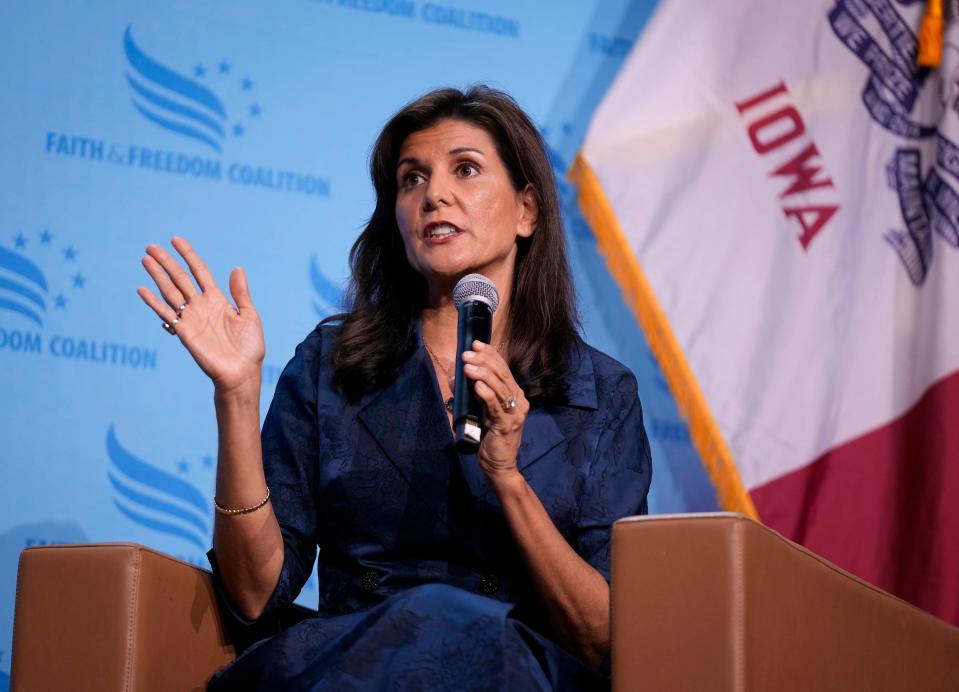 Republican presidential candidate and former U.N. Ambassador Nikki Haley speaks at the Iowa Faith & Freedom Coalition's fall banquet, Saturday, Sept. 16, 2023, in Des Moines, Iowa. (AP Photo/Bryon Houlgrave)