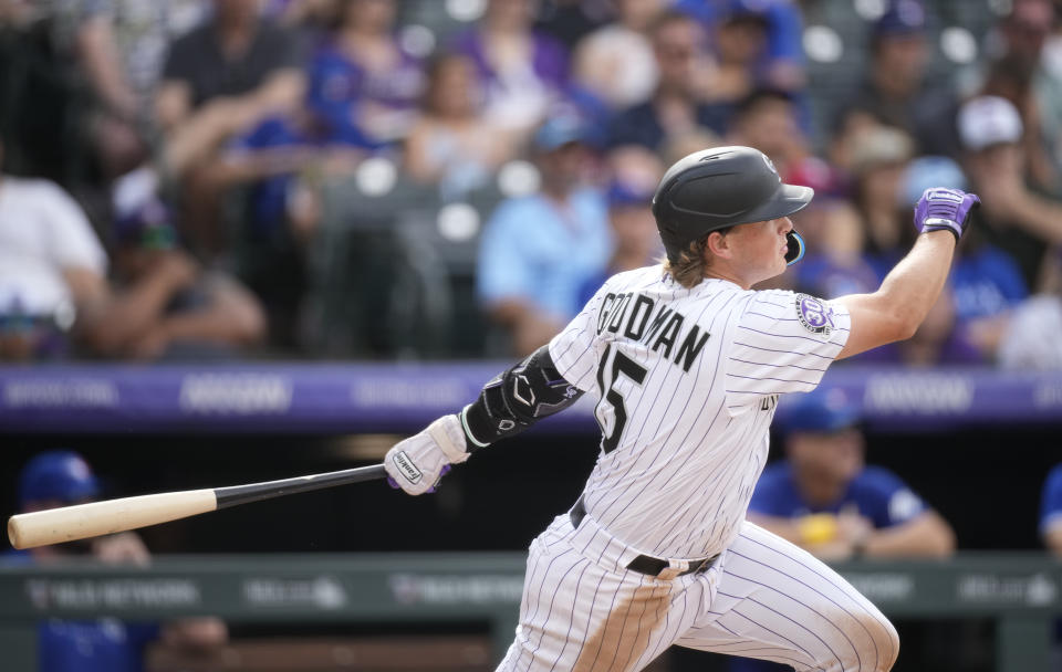 Colorado Rockies' Hunter Goodman follows the flight of his double to drive in two runs off Toronto Blue Jays relief pitcher Trevor Richards in the fifth inning of a baseball game Sunday, Sept. 3, 2023, in Denver. (AP Photo/David Zalubowski)