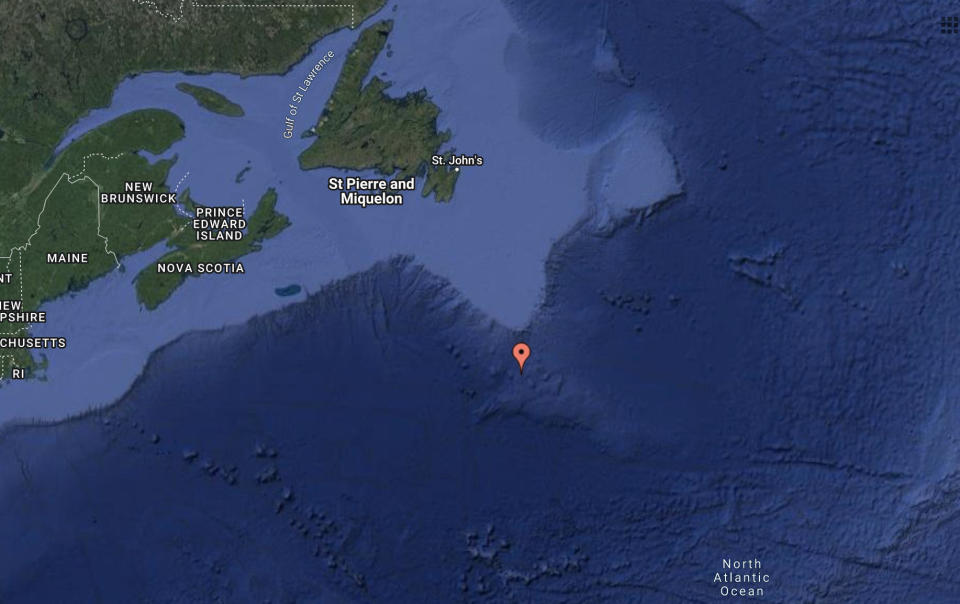 A Google Map by NOAA shows where in the Atlantic Ocean the Titanic wreckage is located, hundreds of miles from Newfoundland, Canada.  / Credit: NOAA/Google Maps