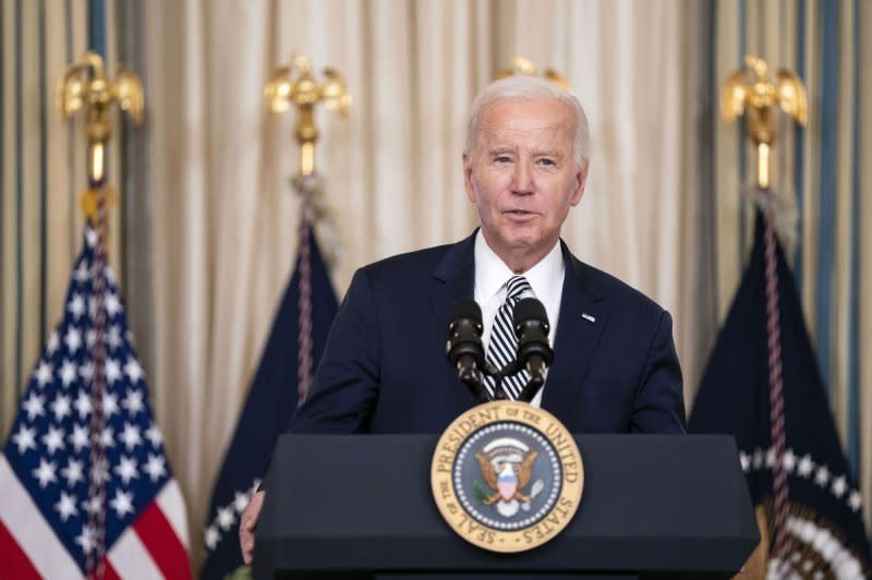 President Joe Biden speaks before a meeting with his Task Force on Reproductive Healthcare Access to mark the 51st anniversary of the Roe vs. Wade decision in the State Dining Room of the White House in Washington, D.C., on Monday. Photo by Bonnie Cash/UPI