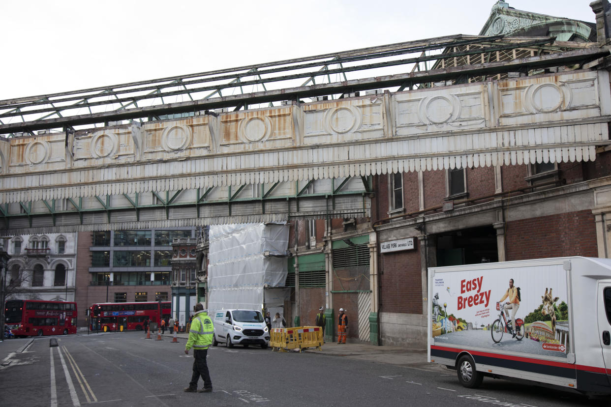 Dilapidated buildings at Smithfield Market in London, England, United Kingdom. Smithfield Market, a Grade II listed-covered market building, was designed by Victorian architect Sir Horace Jones. (photo by Mike Kemp/In Pictures via Getty Images Images)