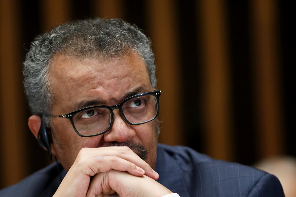 Tedros Adhanom Ghebreyesus, Director General of the World Health Organization (WHO), gives a statement to the media about the response to the COVID-19 virus outbreak, at the World Health Organization (WHO) headquarters in Geneva, Switzerland, Wednesday, Feb. 12, 2020.