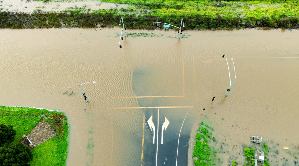 An intersection in Sonoma is flooded on Feb. 4.
