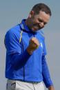 Team Europe's Sergio Garcia reacts after winning their foursome match the Ryder Cup at the Whistling Straits Golf Course Friday, Sept. 24, 2021, in Sheboygan, Wis. (AP Photo/Ashley Landis)