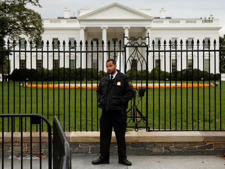 A member of the U.S. Secret Service stands guard in front of the North Lawn of the White House in Washington October 23, 2014. REUTERS/Kevin Lamarque