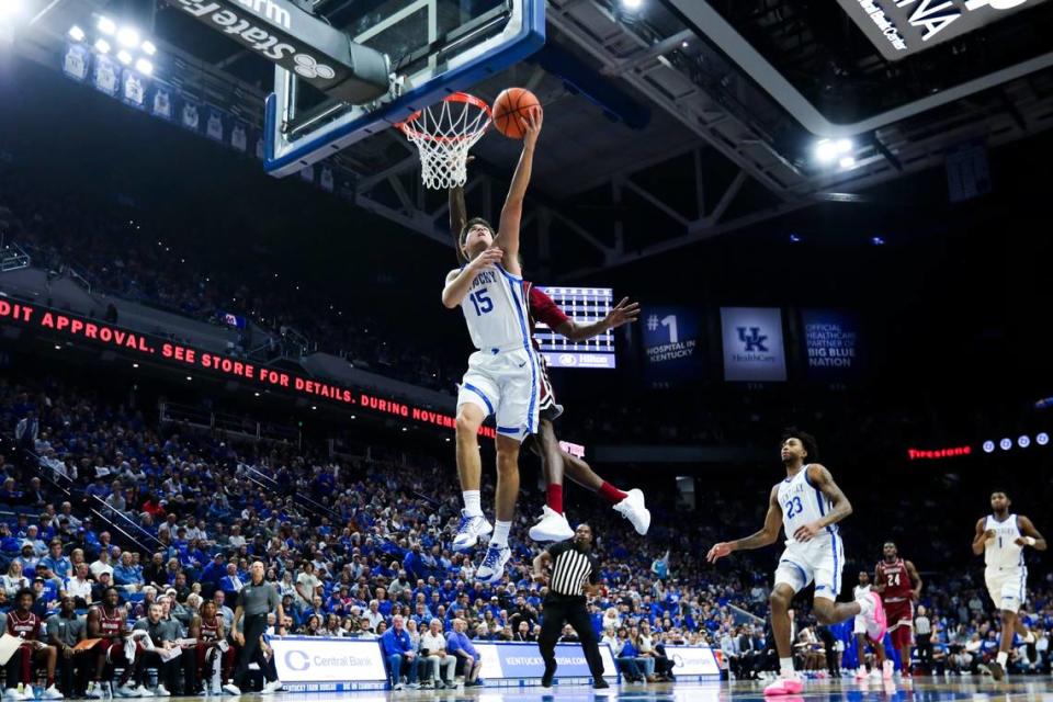 Kentucky freshman guard Reed Sheppard (15) will play for the third time at Rupp Arena in a regular-season game when the Wildcats play host to Stonehill on Friday night.