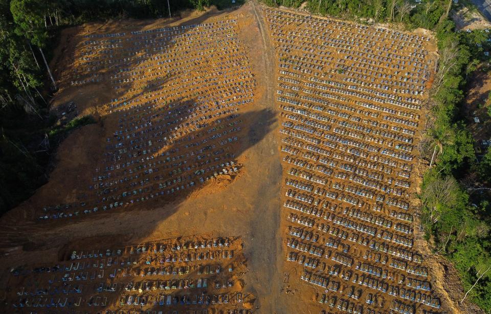 Aerial view of the burial site reserved for victims of the COVID pandemic at the Nossa Senhora Aparecida cemetery in Manaus, in the Amazon forest in Brazil on November 21, 2020. - Brazil has been one of the countries hit hardest by the pandemic, with more than 166,000 people killed, the second-highest number in the world, following the United States and is bracing for a possible second wave of mass infections as it races to test and then distribute its first 120,000 doses of Coronavac, a potential COVID-19 vaccine developed by Chinese lab Sinovac Biotech. (Photo by MICHAEL DANTAS / AFP) (Photo by MICHAEL DANTAS/AFP via Getty Images)