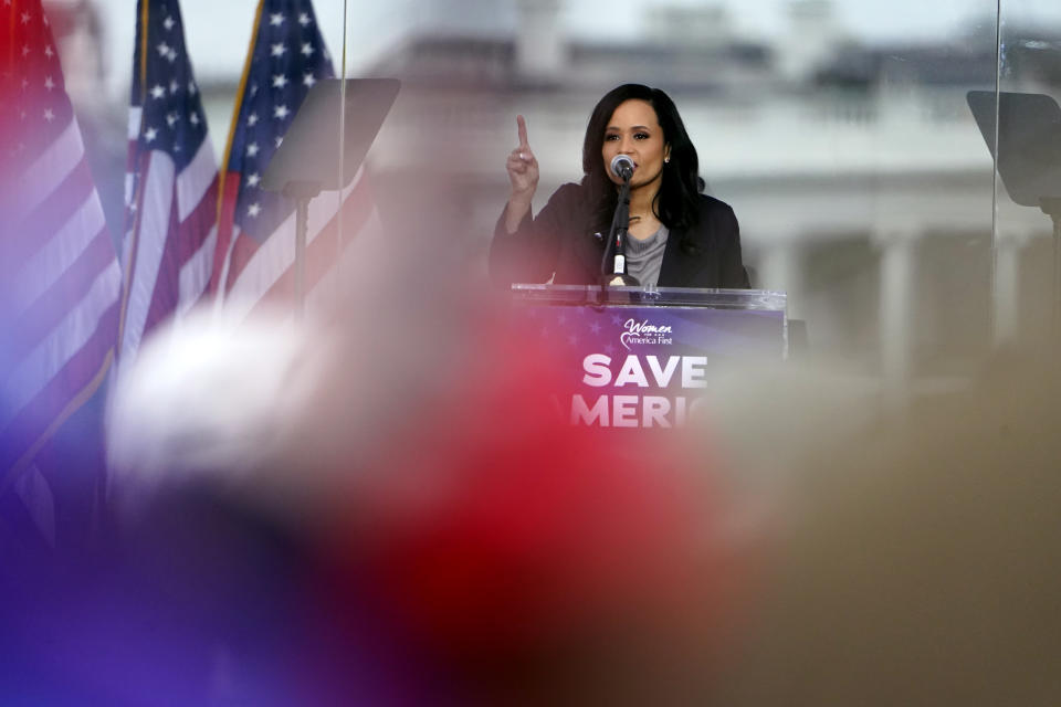 FILE - In this Wednesday, Jan. 6, 2021 file photo, Katrina Pierson, senior advisor to Donald J. Trump for President, speaks in Washington at a rally in support of the president called the "Save America Rally." Pierson, a longtime Trump ally and presidential campaign adviser, was bought in to coordinate with the White House and iron out a list of speakers that would share the stage with Trump. (AP Photo/Jacquelyn Martin, File)