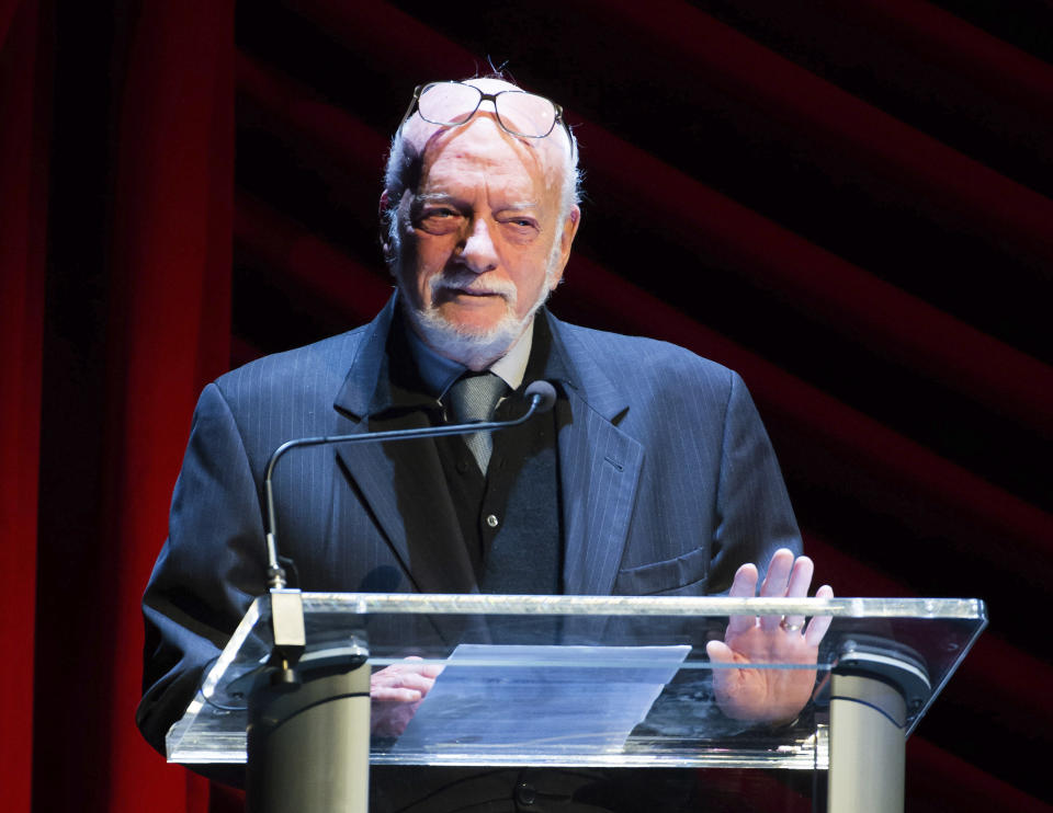 FILE - In this Nov. 17, 2014 file photo, Harold "Hal" Prince appears on stage at "Everybody, Rise! A Celebration of Elaine Stritch" in New York. Prince, who pushed the boundaries of musical theater with such groundbreaking shows as “The Phantom of the Oepra,” "Cabaret," "Company" and "Sweeney Todd" and won a staggering 21 Tony Awards, died Wednesday, July 31, 2019, after a brief illness in Reykjavik, Iceland. He was 91. (Photo by Charles Sykes/Invision/AP, File)