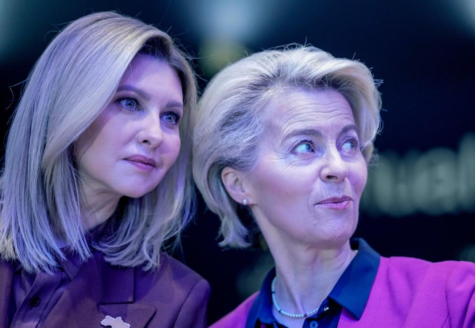 First Lady of Ukraine Olena Zelenska, left, and EU Commission President Ursula von der Leyen at the World Economic Forum in Davos, Switzerland. (Copyright 2023 The Associated Press. All rights reserved)