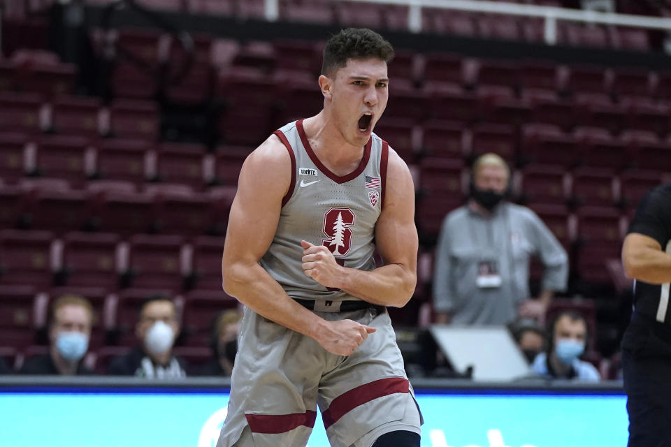 Stanford guard Michael O'Connell celebrates during the second half of the team's NCAA college basketball game against Arizona State in Stanford, Calif., Saturday, Jan. 22, 2022. (AP Photo/Jeff Chiu)